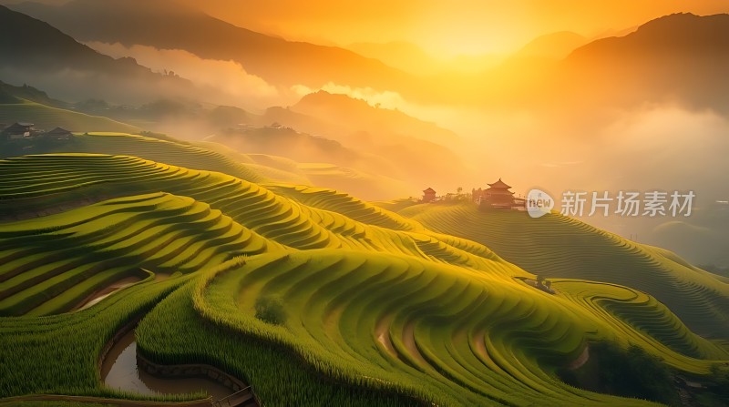 梯田晨曦阳光洒满山谷