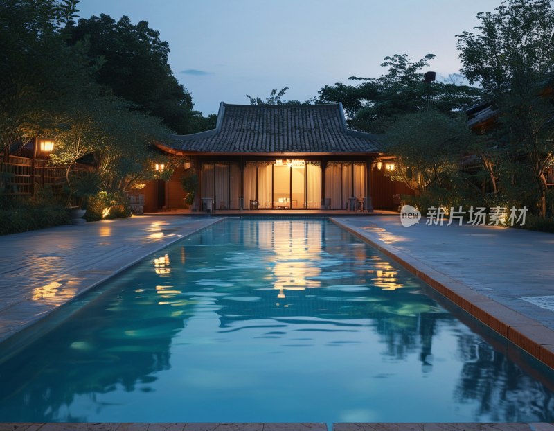 别墅泳池黄昏景