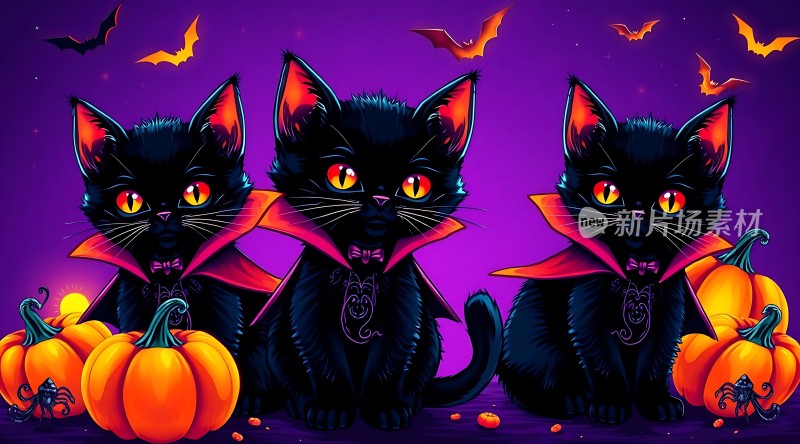 万圣节之夜三只黑猫与南瓜灯