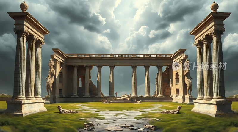 古罗马遗迹柱廊与雕像