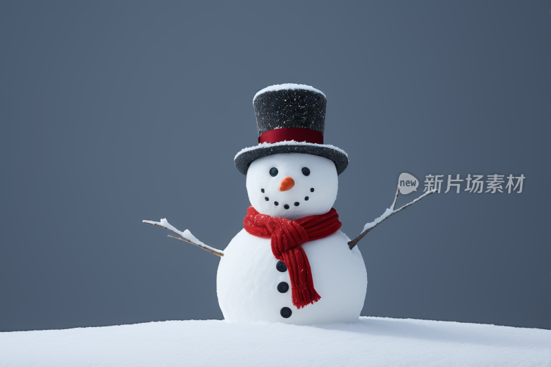 一个雪人戴着红领巾戴着黑色高顶帽子图片