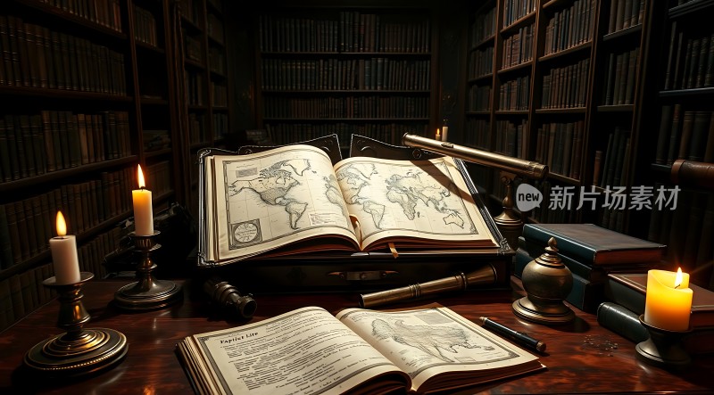 古老图书馆里的烛光与地图