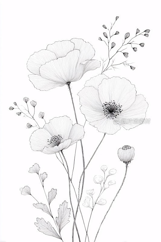 黑白线条绘制的花卉插画