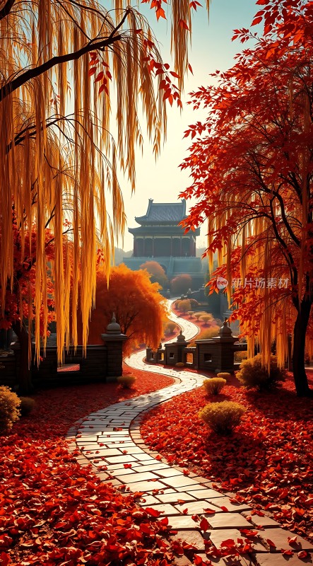 秋日暖阳下的古建筑红叶小径