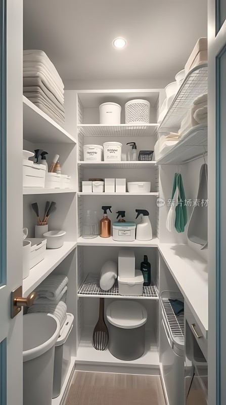 整洁有序的储物间白色家居用品整齐摆放