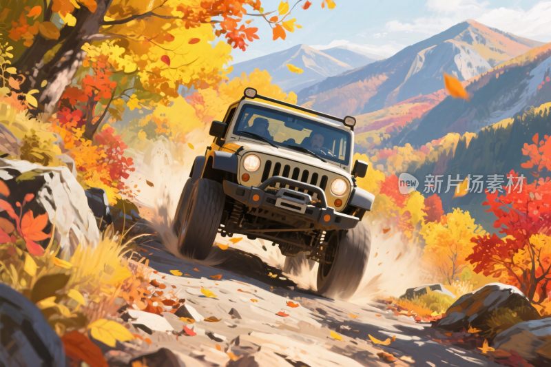 秋日越野吉普车行驶在山路上