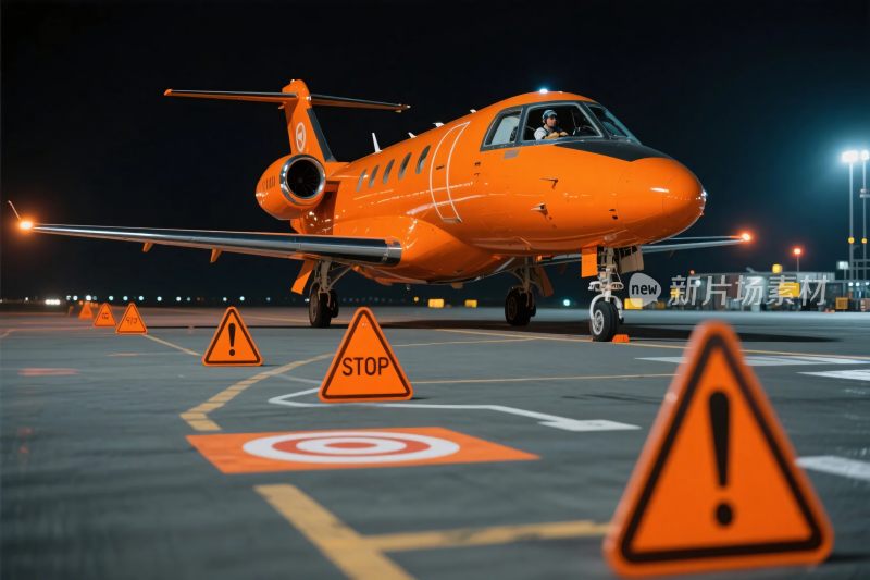橙色小型飞机与机场警示