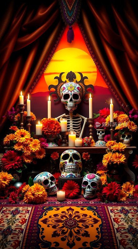 亡灵节祭坛骷髅与花束共舞