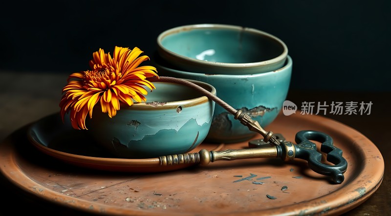 青瓷碗花茶具静物摄影