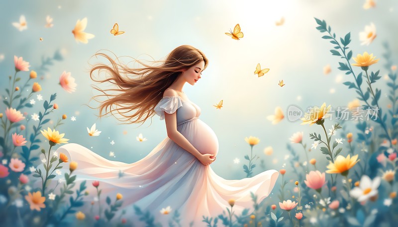 阳光下的孕妇与花丛蝴蝶