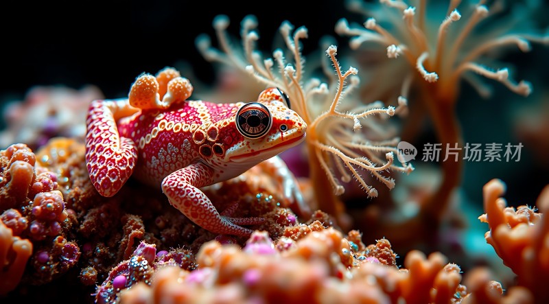 色彩斑斓的小青蛙在珊瑚丛中探出头