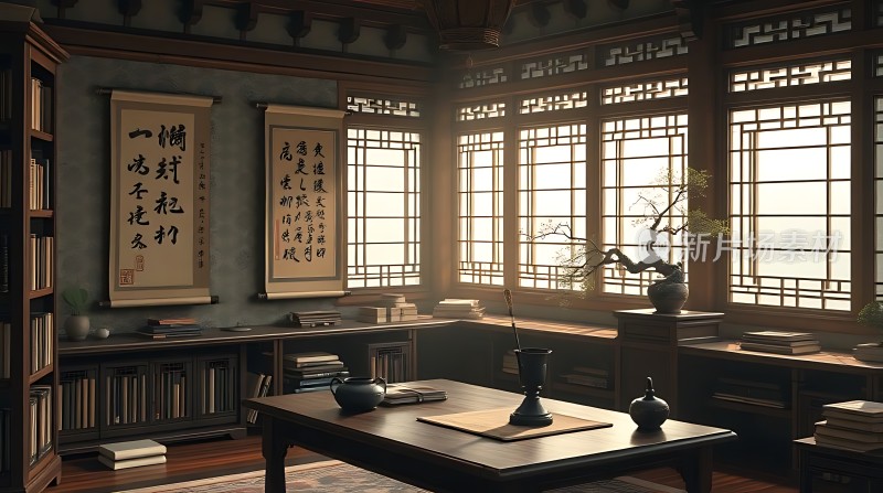古风书房墨香四溢书卷飘香