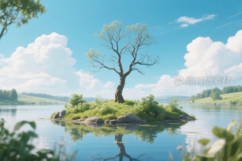 小岛孤树风景插画