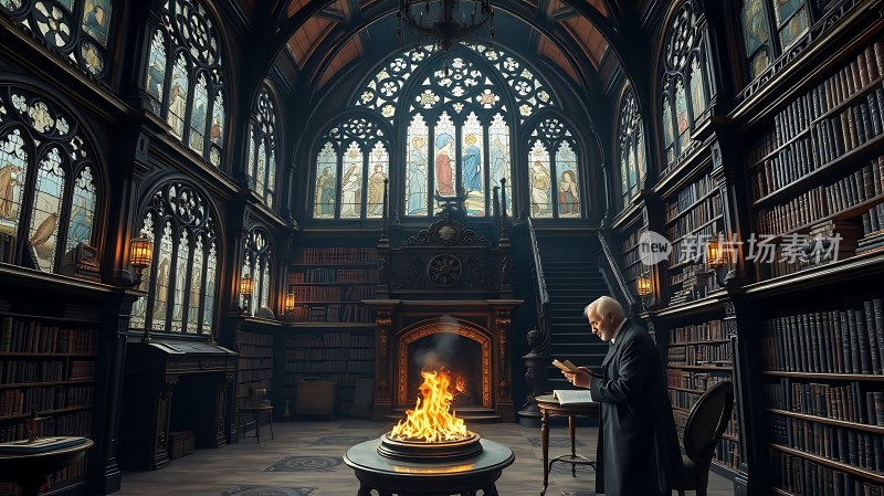 古老图书馆里的神秘火焰与学者