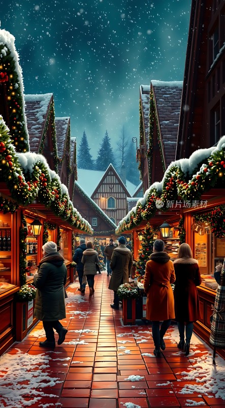 雪夜圣诞集市温馨节日氛围