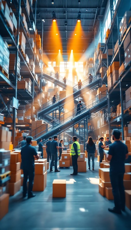 仓库作业工人忙碌搬运货物