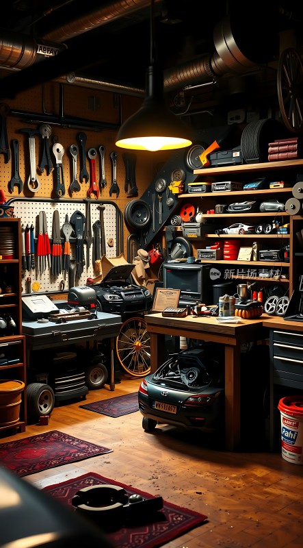 工具齐全的车库展示着各种汽车维修工具和设备