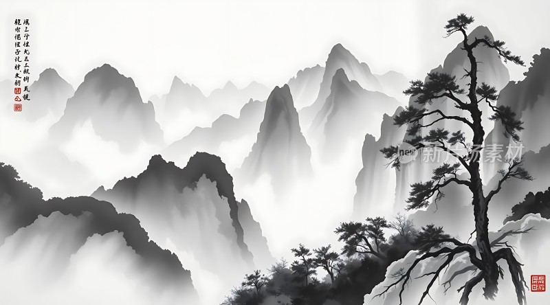 云雾缭绕的山脉与古松