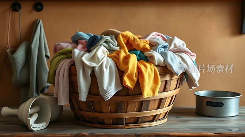 洗衣篮里的彩色衣物