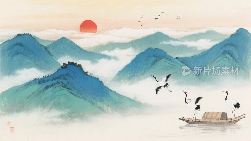 中式山水日出泛舟图景