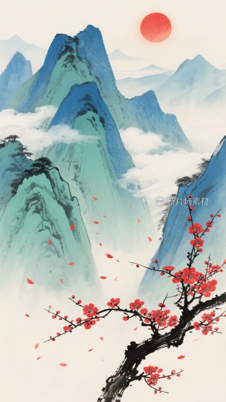 中式山水红梅日出图