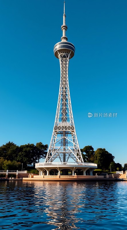 蓝天下的白色塔楼倒映在水中