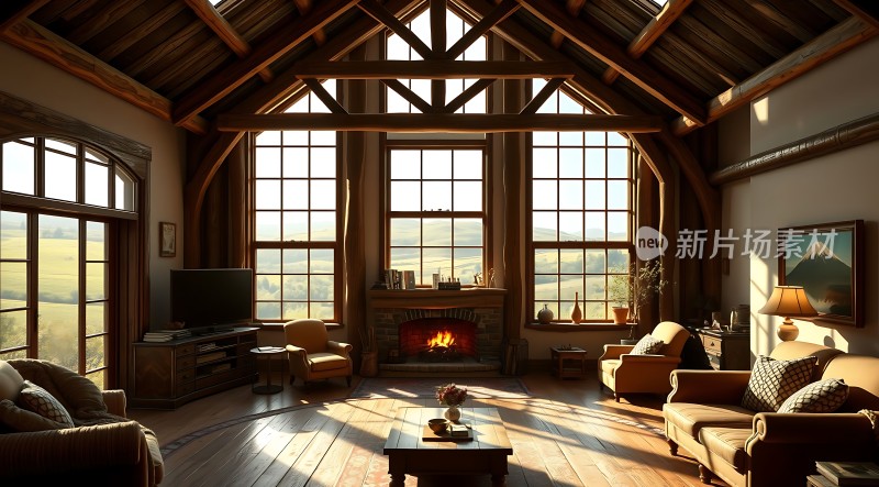 阳光洒满温馨客厅舒适沙发环绕壁炉