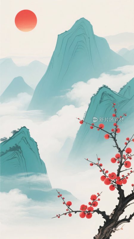 中式山水红梅日出图景