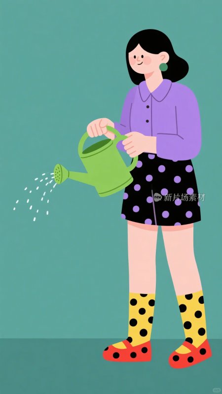 女孩手持喷壶浇水插画
