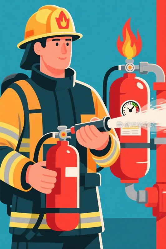 消防员灭火器宣传插画