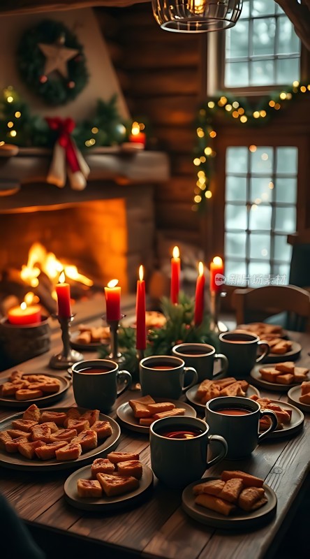 温馨圣诞夜火炉旁的甜蜜时光