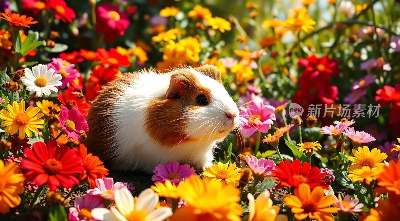 五彩斑斓的花海中一只可爱的小豚鼠探出头来