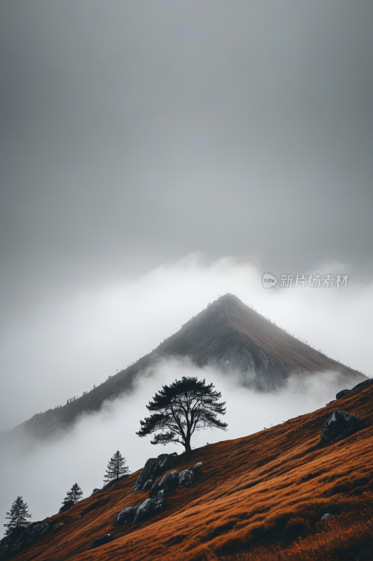 一棵孤独树一座长满青草小山上雾蒙蒙高山