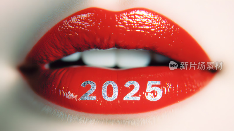 涂着红色唇膏嘴唇特写“2025”图案