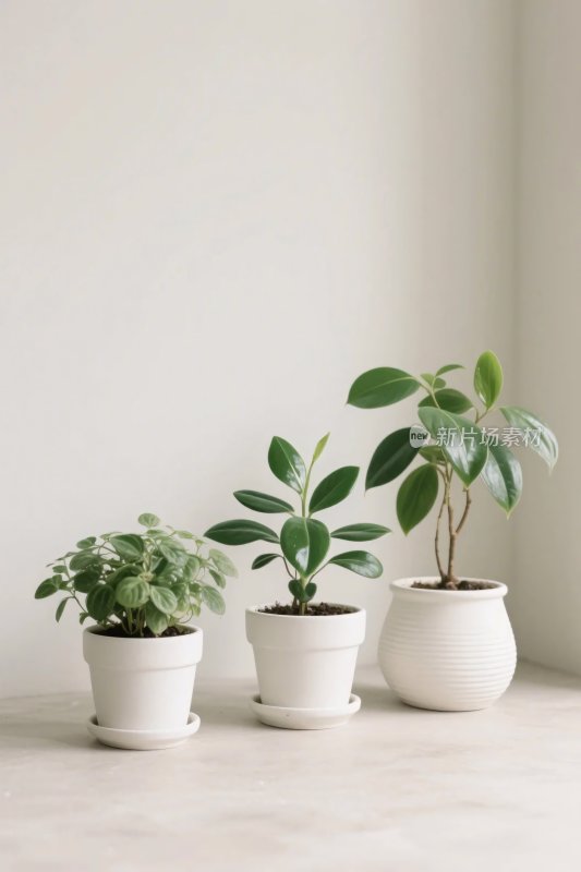 三盆绿植置于室内角落