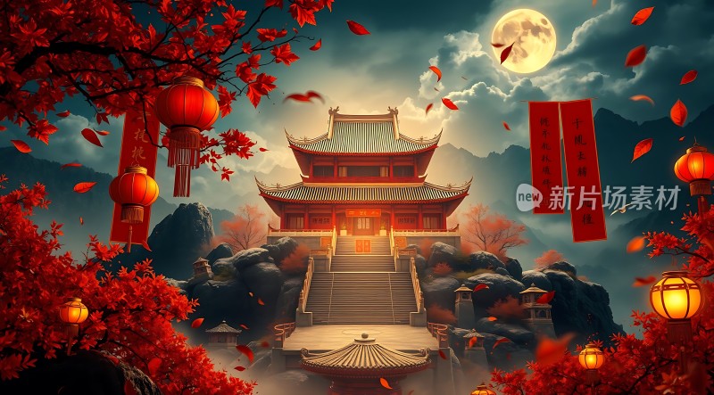 秋夜古寺灯笼映月