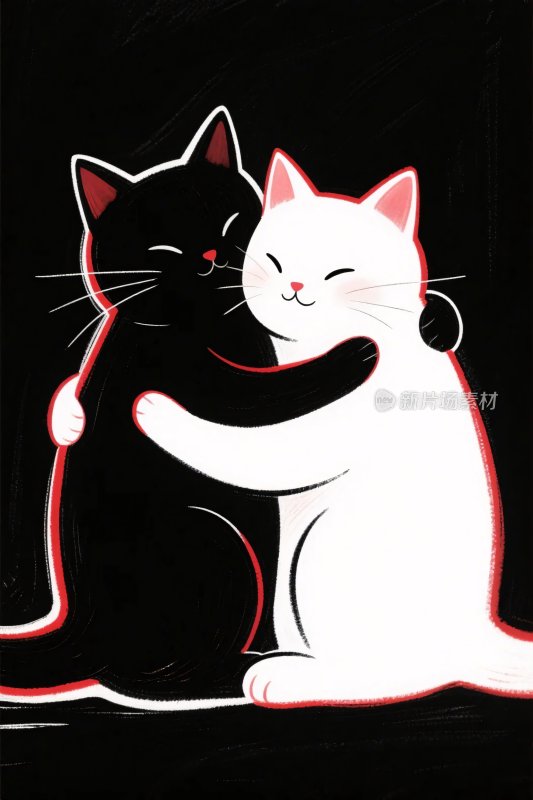 黑白猫咪拥抱插画