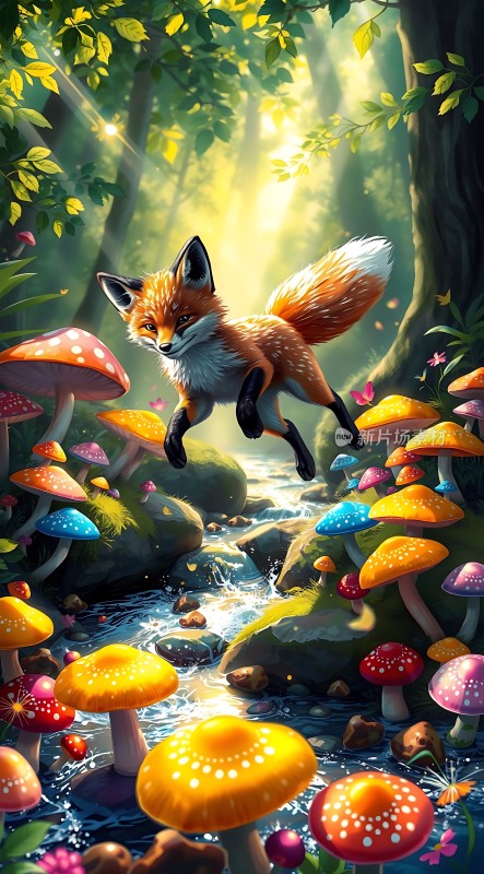 森林小径上的彩色蘑菇与跃起的狐狸