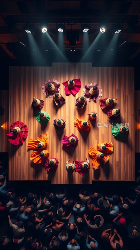 舞台上的彩色扇舞者与观众互动