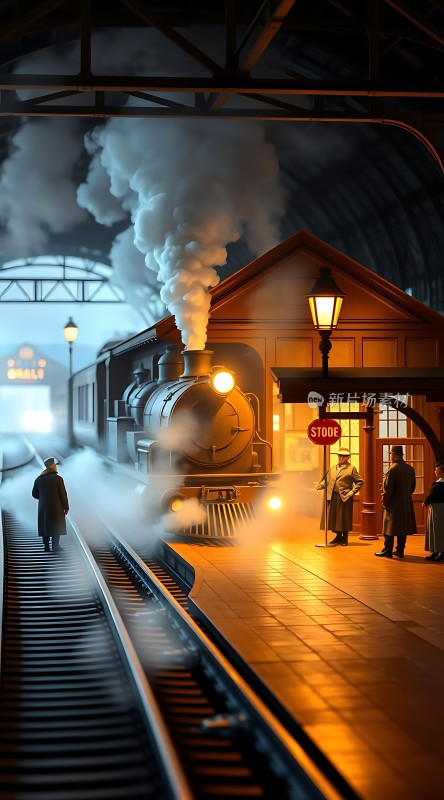 蒸汽火车驶入站台乘客等候上车