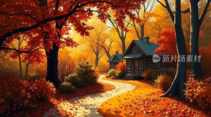 秋日暖阳下的温馨小木屋