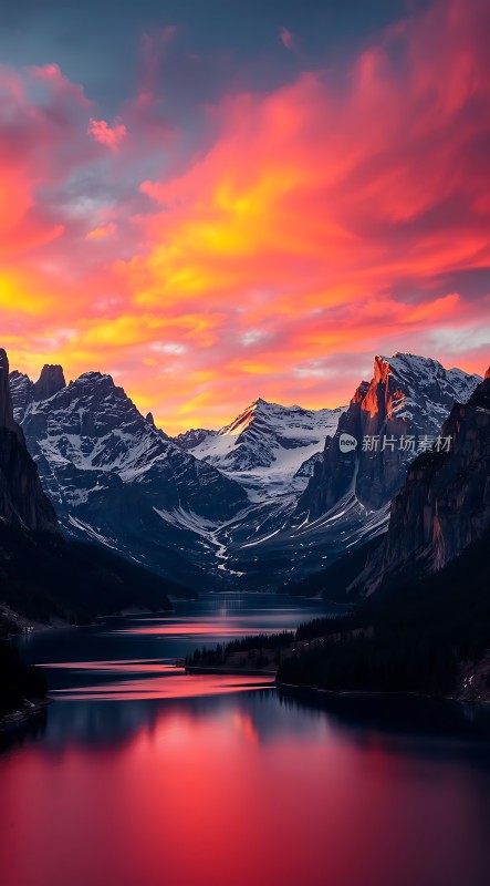 日落下的雪山湖泊