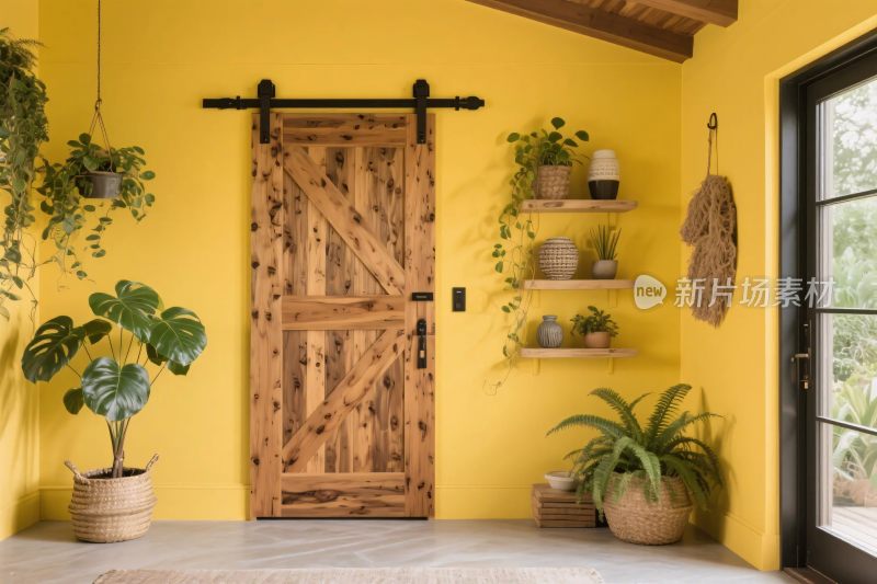 黄色墙面木门室内装饰