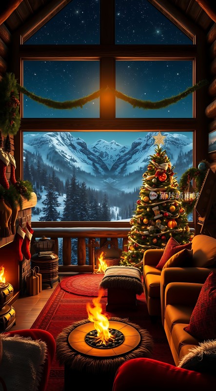 圣诞树下的温馨冬日小屋