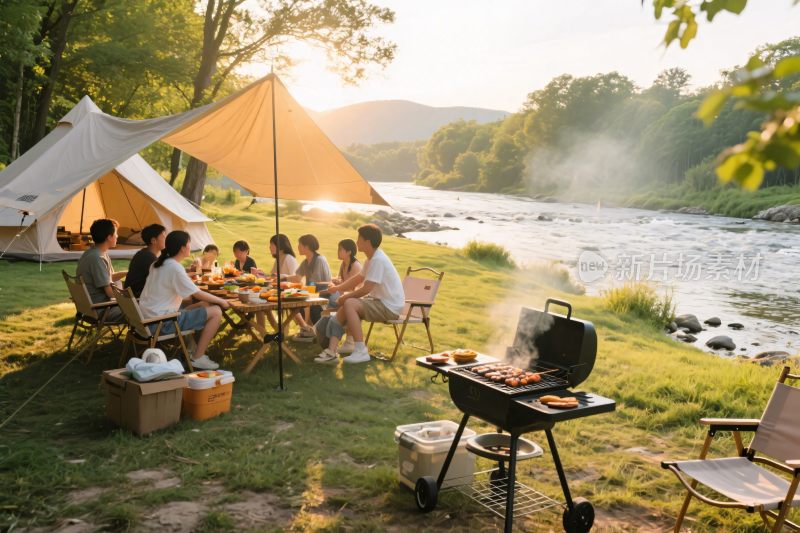 户外河畔露营烧烤聚会场景