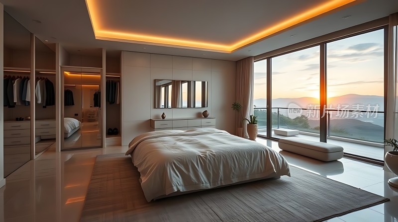 现代卧室全景落地窗舒适床铺温馨氛围