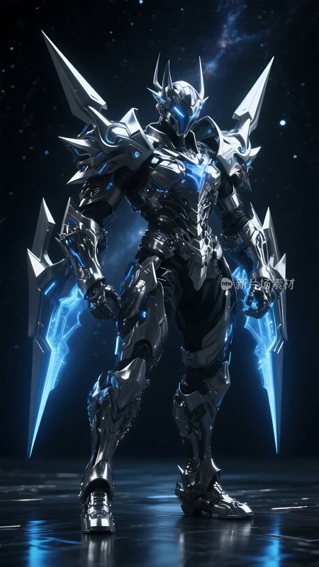 银色机甲战士蓝色能量护盾未来科技感十足