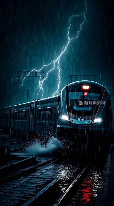 雨夜闪电下的疾驰列车
