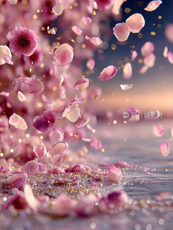 飘落的粉色花瓣唯美场景