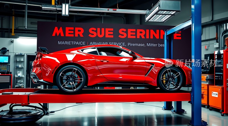 红色跑车在维修车间中展示
